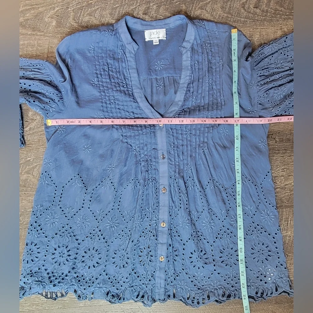 Johnny Was Huma Pintuck Blouse Women's S Blue Eyelet Cotton & Silk Semi Sheer